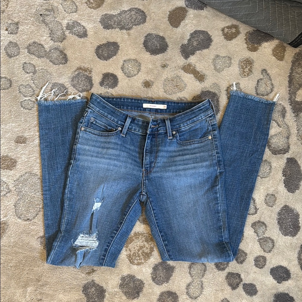 Blue Ankle Cropped Jeans with Distressed Detail